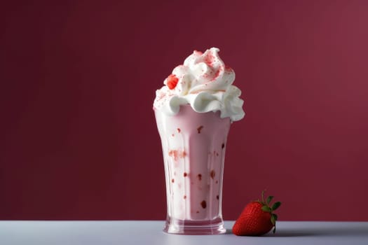 Delicious sweet strawberry milkshake in glass jar with cream on pink background. ai generated