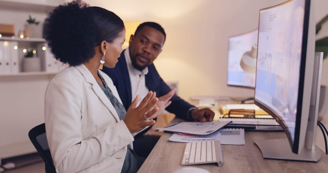 Business people, collaboration and computer communication of office staff talking. Teamwork, management conversation and company brainstorming of a professional woman employee with a worker contract.