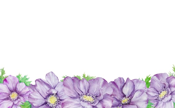 Watercolor hand drawn purple anemones with green leaves isolated on white background. Great for greeting cards, wedding invitations, menu, labels, textile and others.