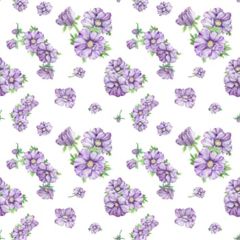 Watercolor hand drawn seamless pattern of purple anemones with green leaves isolated on white background. Great paper, wallpaper, wedding invitations, menu, labels, textile and others.