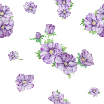 Watercolor hand drawn seamless pattern of purple anemones with green leaves isolated on white background. Great paper, wallpaper, wedding invitations, menu, labels, textile and others.