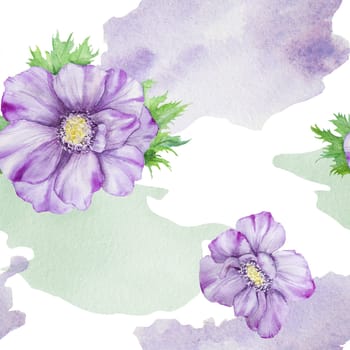 Watercolor hand drawn seamless pattern of purple anemones with green leaves isolated on white background. Great paper, wallpaper, wedding invitations, menu, labels, textile, paper