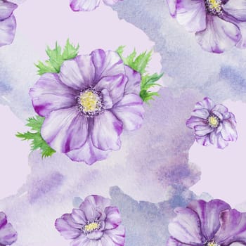 Watercolor hand drawn seamless pattern of purple anemones with green leaves isolated on white background. Great paper, wallpaper, wedding invitations, menu, labels, textile, paper