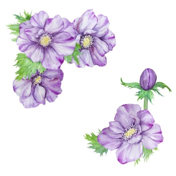 Hand drawn watercolor border of purple anemones with green leaves. Spring frame for wedding invitations, greeting cards, menu, lables, textile