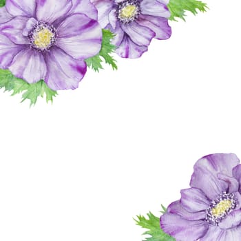 Hand drawn watercolor border of purple anemones with green leaves. Spring frame for wedding invitations, greeting cards, menu, lables, textile