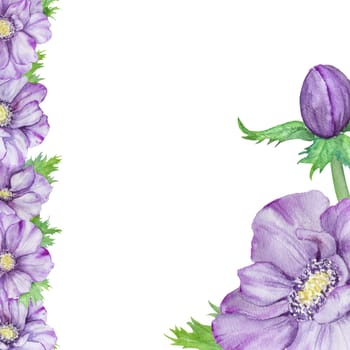 Hand drawn watercolor border of purple anemones with green leaves. Spring frame for wedding invitations, greeting cards, menu, lables, textile