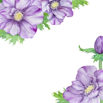 Hand drawn watercolor border of purple anemones with green leaves. Spring frame for wedding invitations, greeting cards, menu, lables, textile