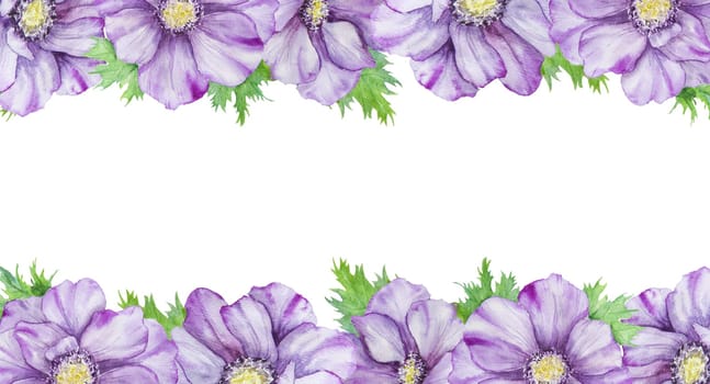 Hand drawn watercolor border of purple anemones with green leaves. Spring frame for wedding invitations, greeting cards, menu, lables, textile