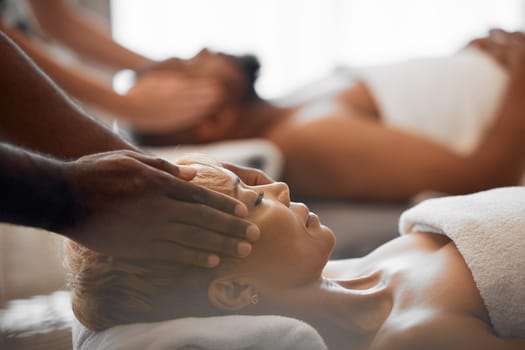 Spa, wellness massage and relax couple at luxury beauty salon for body healthcare, facial treatment or stress relief. Zen peace, calm mindset or chakra energy healing for black woman, man or customer.