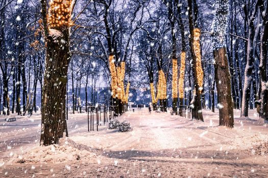 Snowfall in a winter park at night with christmas decorations, lights, pavement covered with snow and trees with garlands.