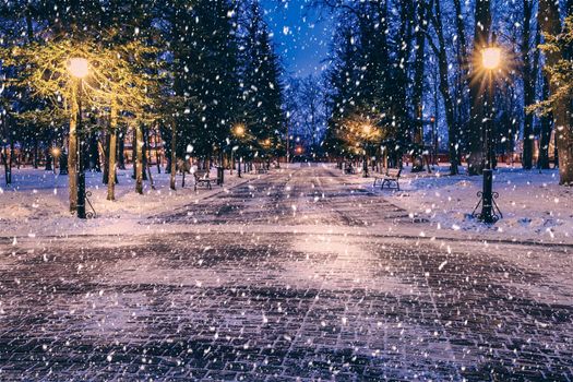 Snowfall in a winter park at night with christmas decorations, lights and  pavement covered with snow. Falling snow.