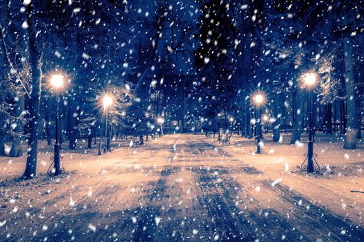 Snowfall in a winter park at night with christmas decorations, lights and  pavement covered with snow. Falling snow.