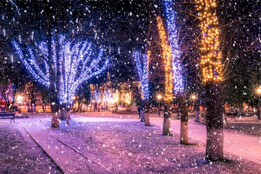 Snowfall in a winter park at night with christmas decorations, lights, pavement covered with snow and trees with garlands.