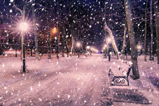 Snowfall in a winter park at night with christmas decorations, lights and  pavement covered with snow. Falling snow.