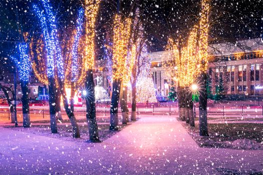 Snowfall in a winter park at night with christmas decorations, lights, pavement covered with snow and trees with garlands.