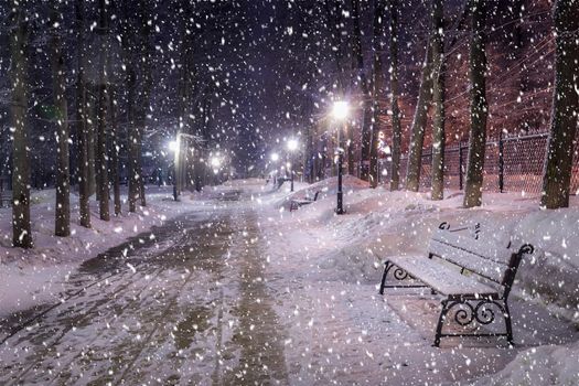 Snowfall in a winter park at night with christmas decorations, lights and  pavement covered with snow. Falling snow.