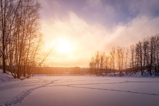 Sunset or sunrise on a frozen pond with birch trees along the banks in winter.