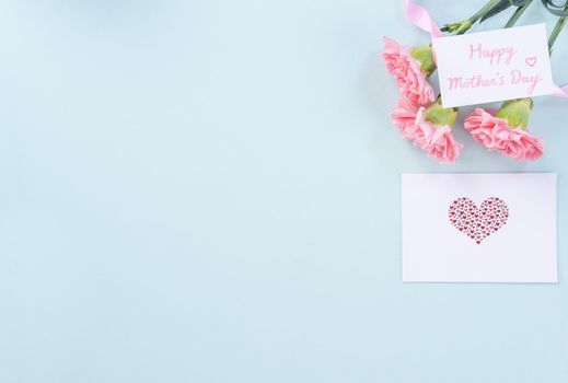 Beautiful, elegant pink carnation flower over bright light blue table background, concept of Mother's Day flower gift, top view, flat lay, overhead