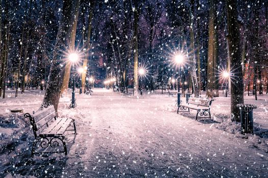 Snowfall in a winter park at night with christmas decorations, lights and  pavement covered with snow. Falling snow.