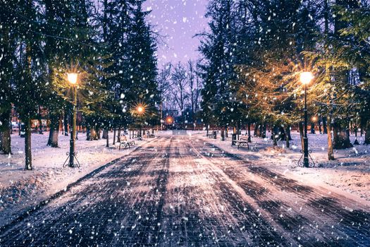 Snowfall in a winter park at night with christmas decorations, lights and  pavement covered with snow. Falling snow.