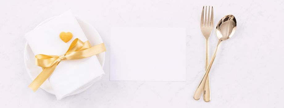 Valentine's Day meal design concept - Romantic plate dish set isolated on marble white background for restaurant holiday celebration promo, top view, flat lay.