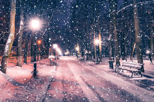 Snowfall in a winter park at night with christmas decorations, lights and  pavement covered with snow. Falling snow.