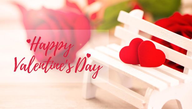 Valentine's Day holiday greeting card, promotion sale design concept with red text, heart shape decoration for happy love, bokeh background, close up.