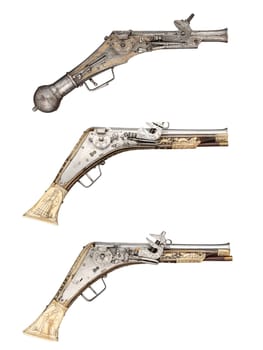 antique, vintage handguns from the 17th century. isolated background