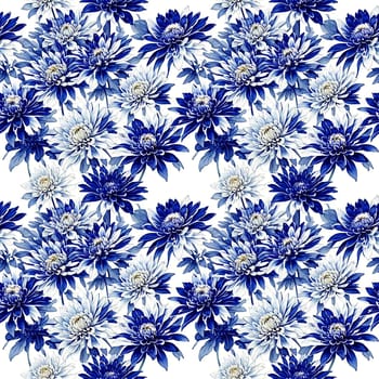 Floral Seamless Pattern with White and Blue Chrysanthemums Flowers on White Backdrop, Background Wallpaper Design for Textile, Fabric, Cover, Wrapping Paper. AI generated.