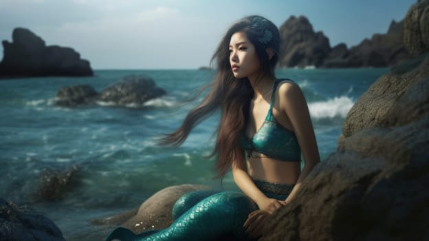 Beautiful Asian young girl with long hair, in a mermaid costume, sits on rock, looking at the side of the sea. Ai generative