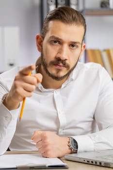 Conflict Quarrel Negotiation. Angry boss business man making online video call, talking colleague conversation analyzing financial report mistake problem. Guy at office looking at camera. Vertical