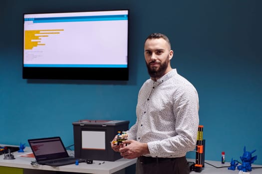 A bearded man in a modern robotics laboratory, immersed in research and surrounded by advanced technology and equipment