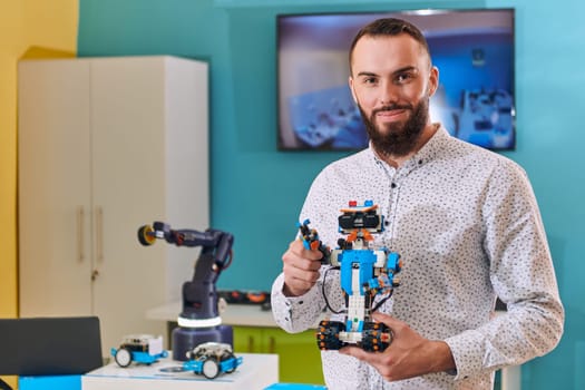 A man working in a robotics laboratory, focusing on the intricate fields of robotics and 3D printing. Showcase their dedication to innovation, as they engage in research, development, engineering, and precision work