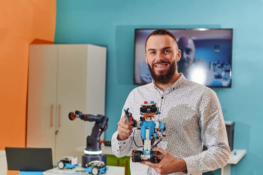 A man working in a robotics laboratory, focusing on the intricate fields of robotics and 3D printing. Showcase their dedication to innovation, as they engage in research, development, engineering, and precision work