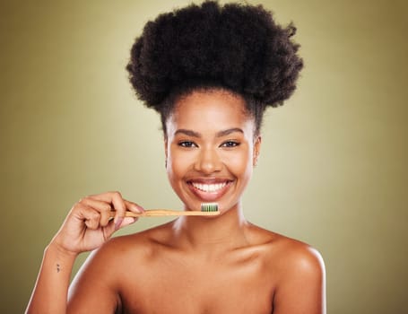 Dental, wood toothbrush or black woman with smile for teeth wellness, cleaning or eco friendly in studio background. Girl, happy portrait with bamboo brush, healthcare or teeth whitening product.