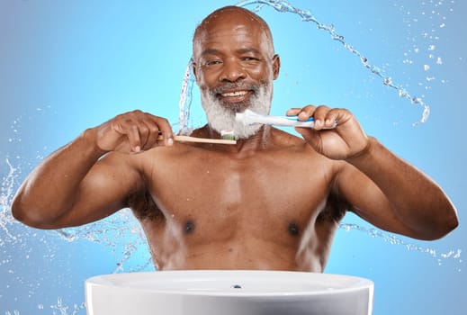 Brushing teeth, bamboo and black man in studio with toothpaste for dental or mouth care product promotion on blue mockup. Senior black man portrait, eco friendly or wood toothbrush and water splash.