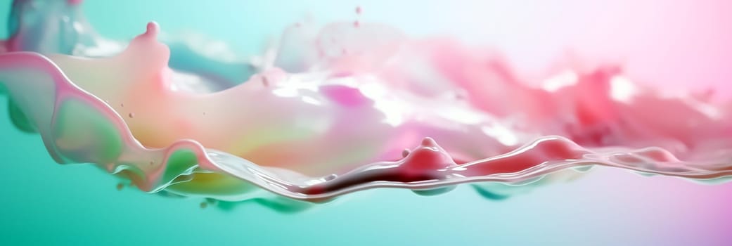 Colorful abstract water and paint splashes background. Water bubbles and paint toned in different colors. Water splashes and drops background. Generative AI long banner.