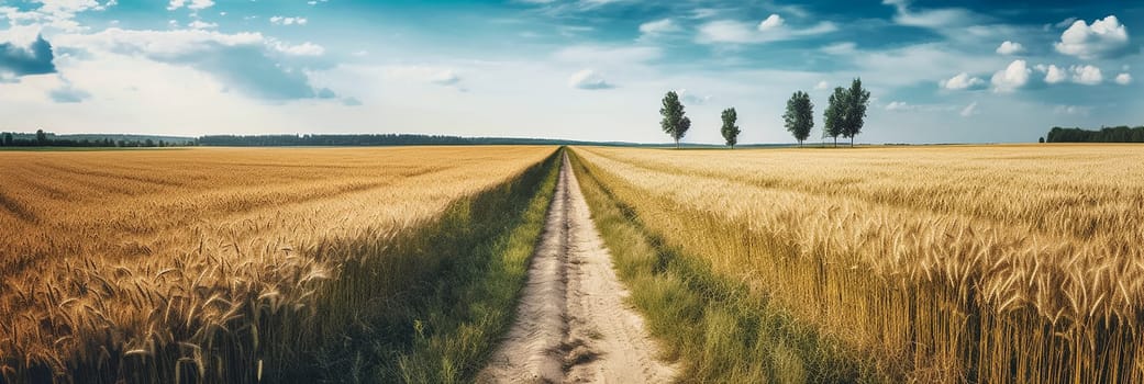 A dirt road through a field with wheat, trees and a blue sky. Long agricultural banner with a yellow field and blue sky.