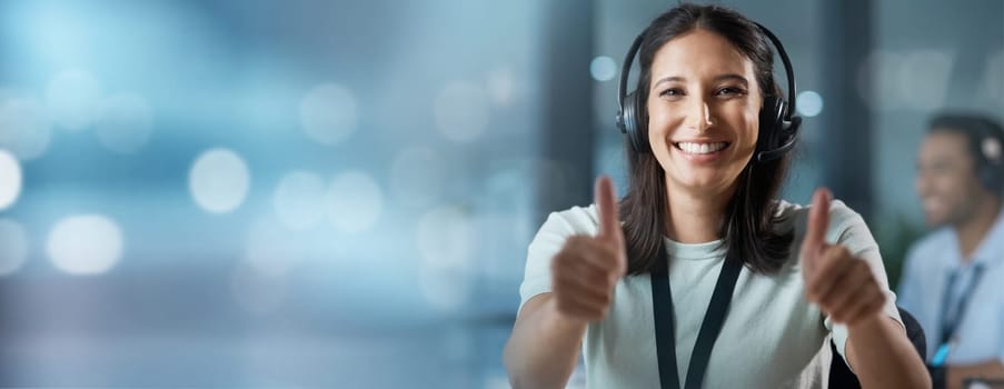 Success, mockup or consultant with thumbs up in call center helping, talking or networking online. Portrait, happy woman or insurance agent in communication at customer services with like or ok sign.