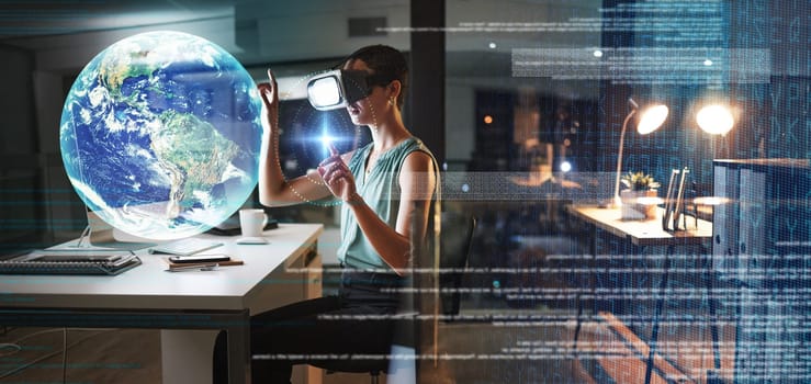 Woman, office and night with vr headset, hologram earth or web design planning for global cybersecurity. Developer, augmented reality glasses or futuristic cloud computing at desk with software globe.