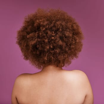 Rear view, black woman and afro of hair in studio for ethnicity texture, headshot and pink background. Back of african model, curly haircare cosmetics and beauty for skincare, scalp and salon shampoo.