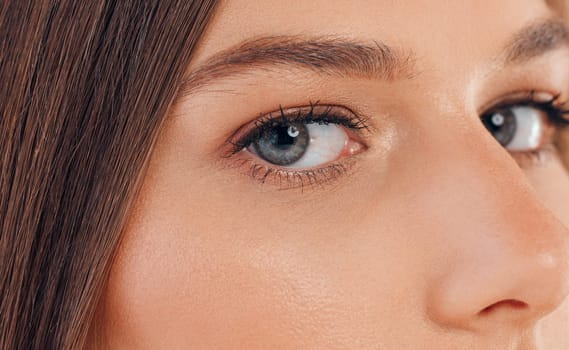 Woman, face or skincare glow and blue eyes for vision, cybersecurity innovation for retina scan ideas for future ai. Zoom, portrait or texture for model eyebrows, eyelashes or facial makeup cosmetics.