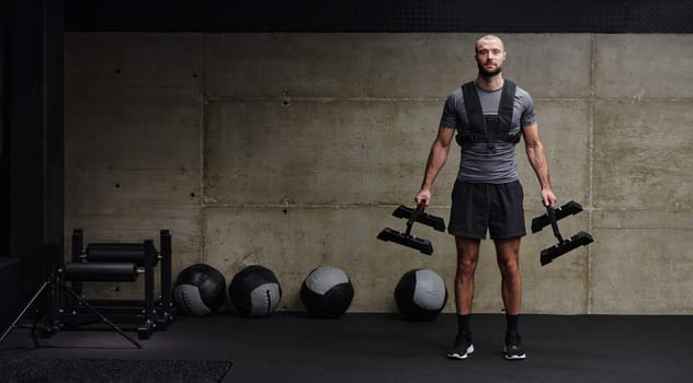 A muscular man performs shoulder exercises in a modern gym, showcasing his strength and dedication to fitness