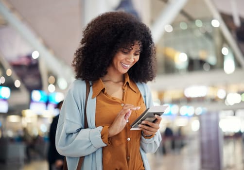 Black woman at airport, travel and passport with smartphone, excited for holiday and plane ticket with communication. Freedom, chat or scroll social media, flight with transportation and vacation.