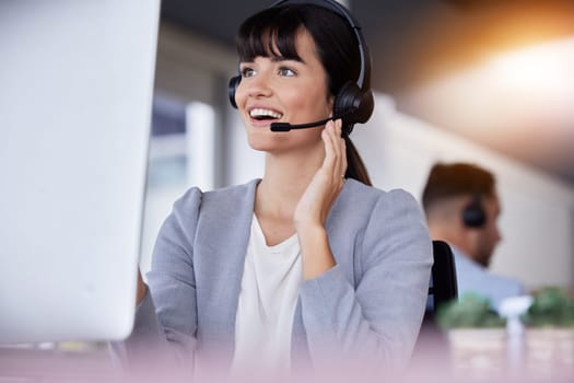 CRM, smile or woman communication with microphone for customer service, consulting or networking in office. Happy, telemarketing or sales advisor on tech for callcenter, help or telecom contact us.