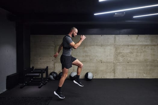 A muscular man captured in air as he jumps in a modern gym, showcasing his athleticism, power, and determination through a highintensity fitness routine.