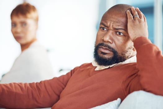 Black man ignore partner in couple fight, divorce and angry affair, stress and anxiety in marriage conflict, toxic relationship and problem. Husband feeling angry, frustrated and depressed with wife.