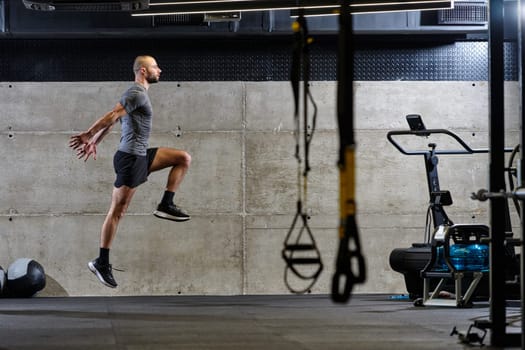 A muscular man captured in air as he jumps in a modern gym, showcasing his athleticism, power, and determination through a highintensity fitness routine.