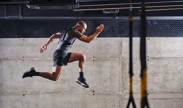 A muscular man captured in air as he jumps in a modern gym, showcasing his athleticism, power, and determination through a highintensity fitness routine.