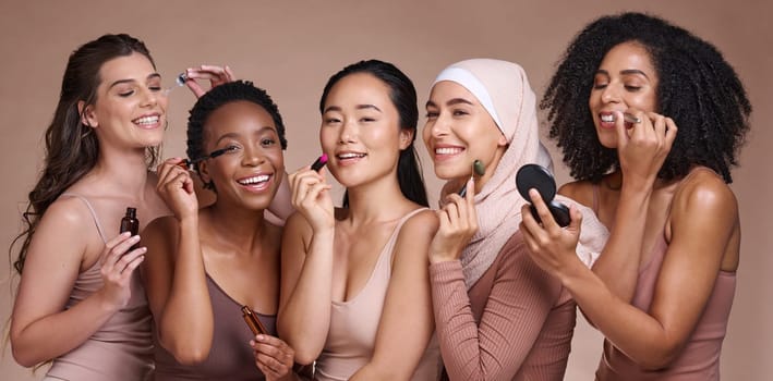 Face, skincare makeup and group of women in studio on a brown background. Beauty portrait, diversity and female models with cosmetics, products or lipstick, jade roller or serum, lip gloss or mascara.